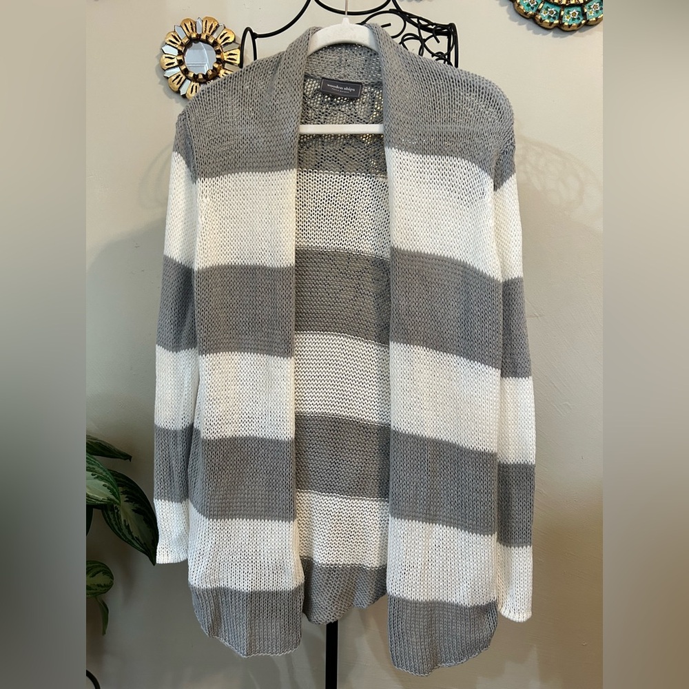 Wooden Ships Lightweight Gray & White Coastal Grandma Open Knit Cardigan S/M